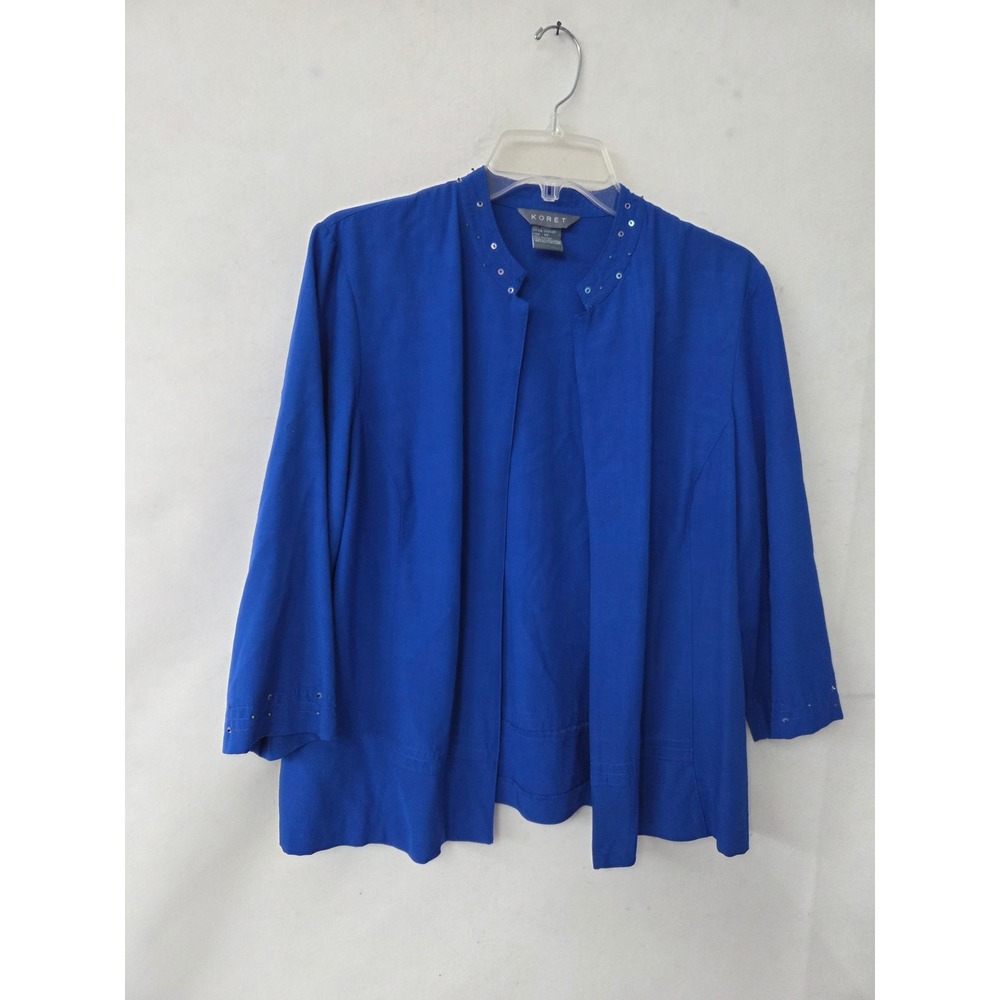 Koret Royal Blue Sequin Beaded Open Front Jacket Womens Size 12 3/4 Sleeve